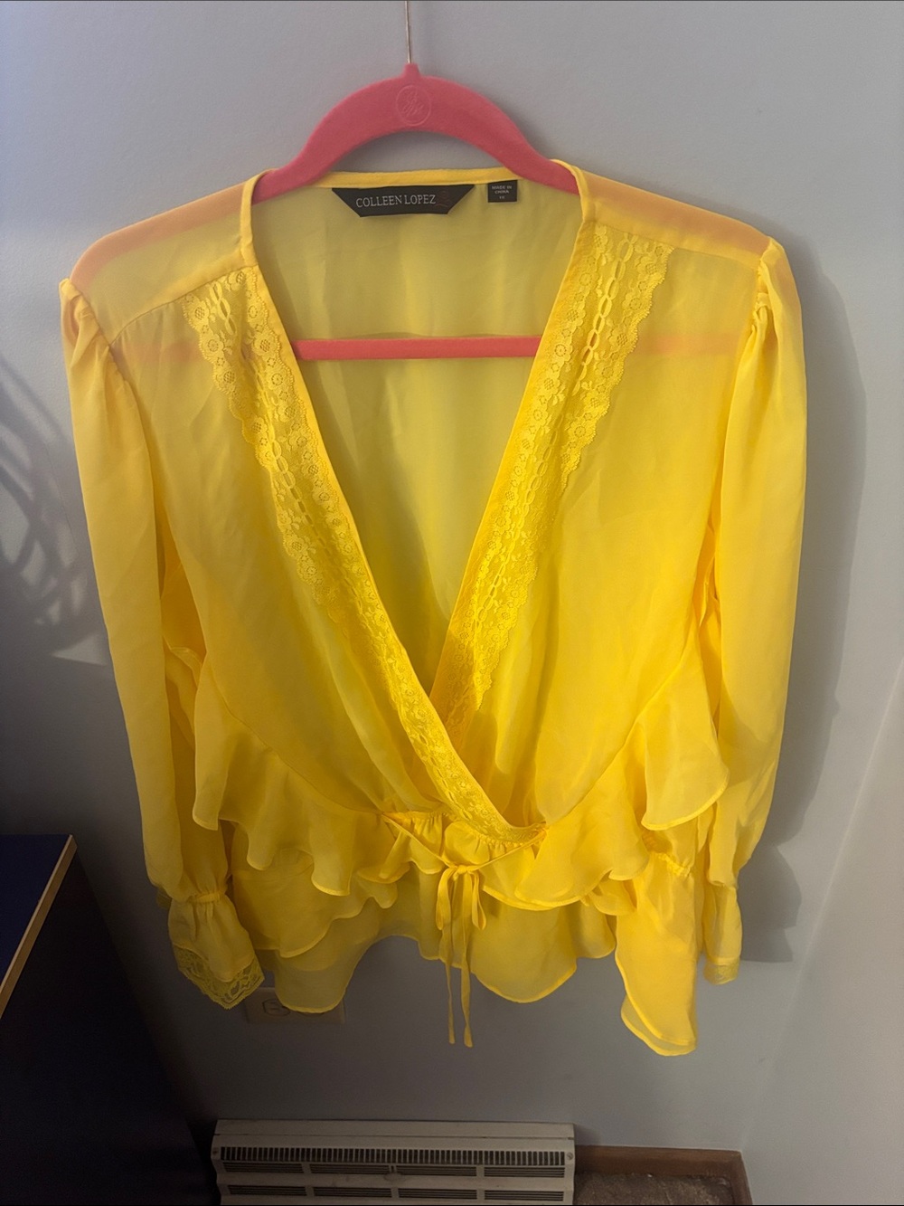 Colleen Lopez Bright Yellow Sheer Wrap Blouse with Ruffles